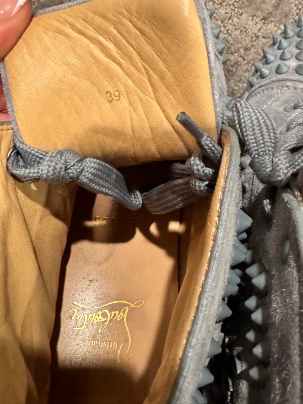 Christian Louboutin Gray Suede Studded High-Top Sneakers - Picture 5 of 6